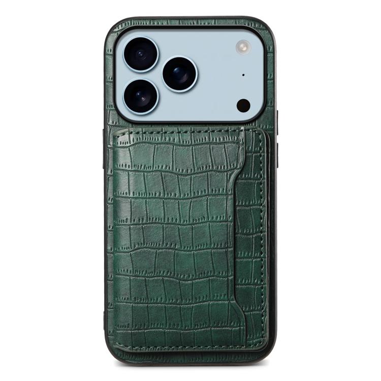 For iPhone 17 Pro Crocodile Texture Card Bag Design Full Coverage Phone Case(Green)