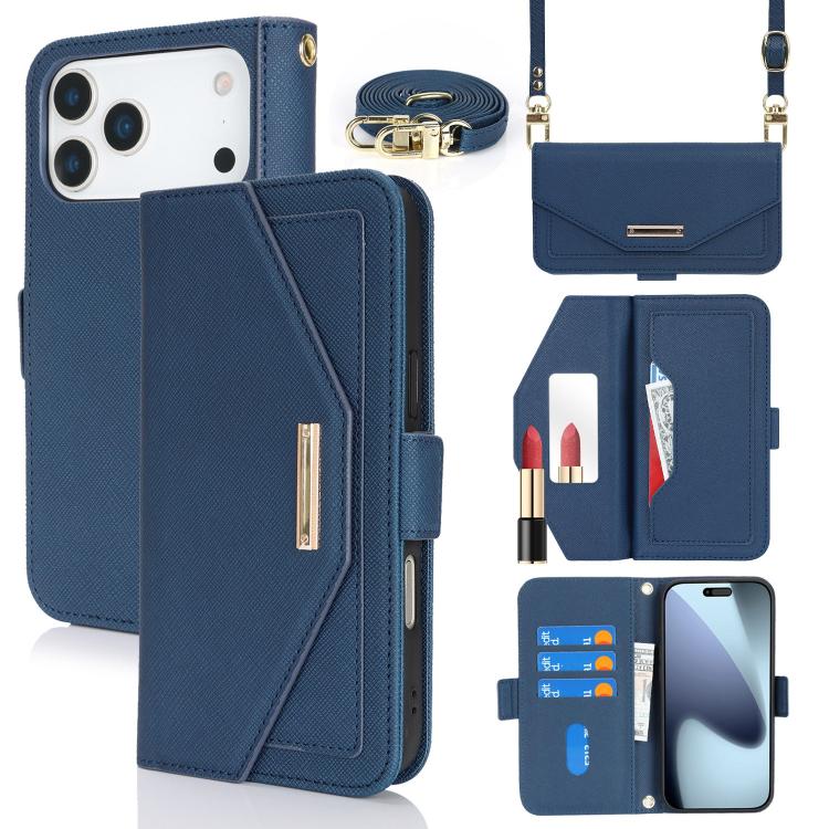 For iPhone 17 Pro Cross Texture Crossbody Lanyard Leather Phone Case(Blue)