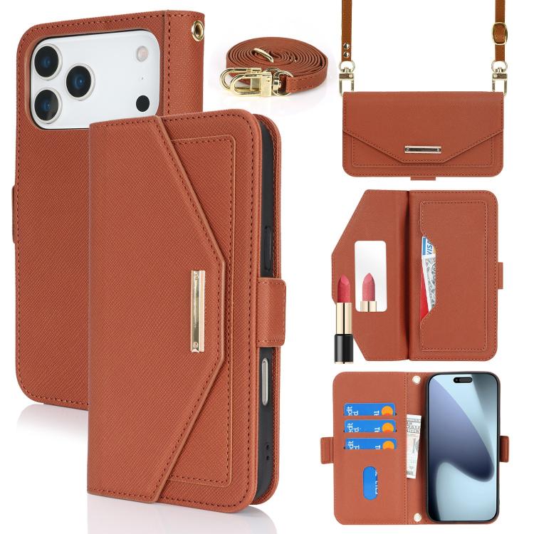For iPhone 17 Pro Cross Texture Crossbody Lanyard Leather Phone Case(Brown)