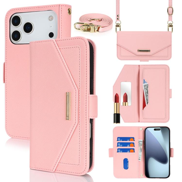 For iPhone 17 Pro Cross Texture Crossbody Lanyard Leather Phone Case(Pink)