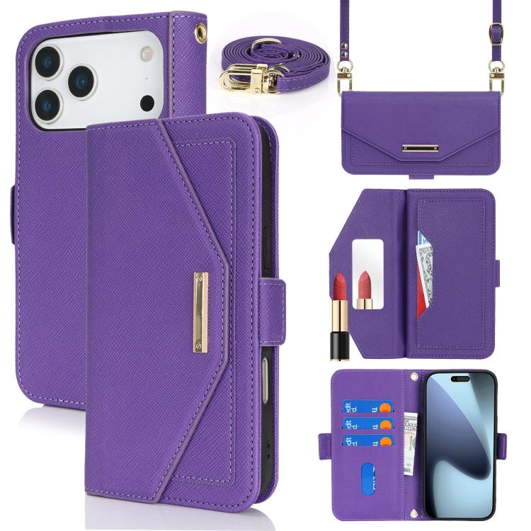For iPhone 17 Pro Cross Texture Crossbody Lanyard Leather Phone Case(Purple)