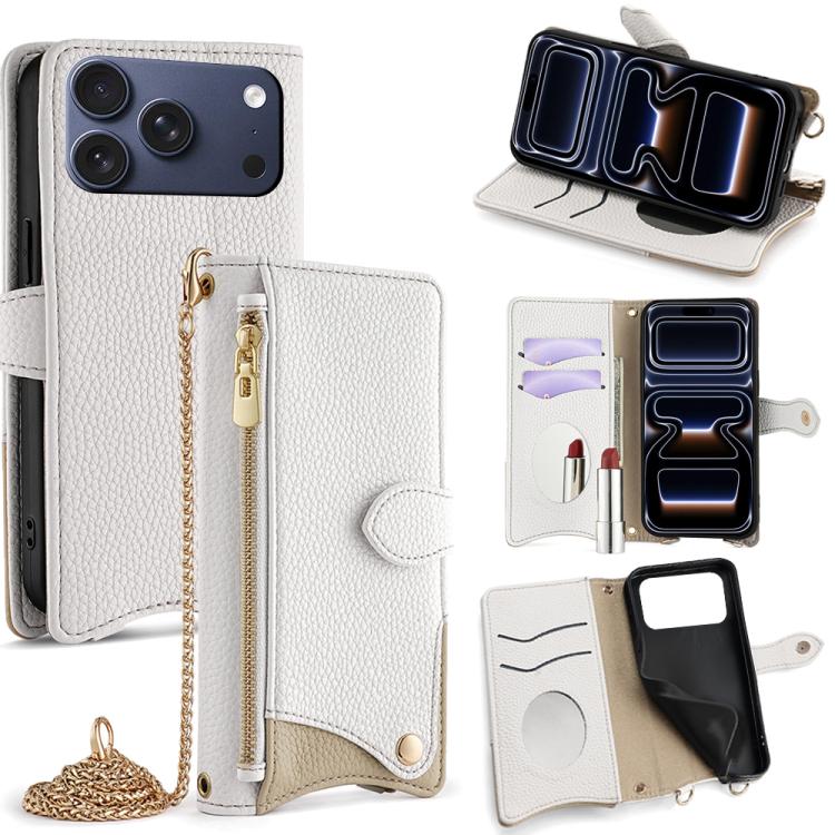 For iPhone 17 Pro Crossbody Chain Fishtail Litchi Leather Phone Case(White)