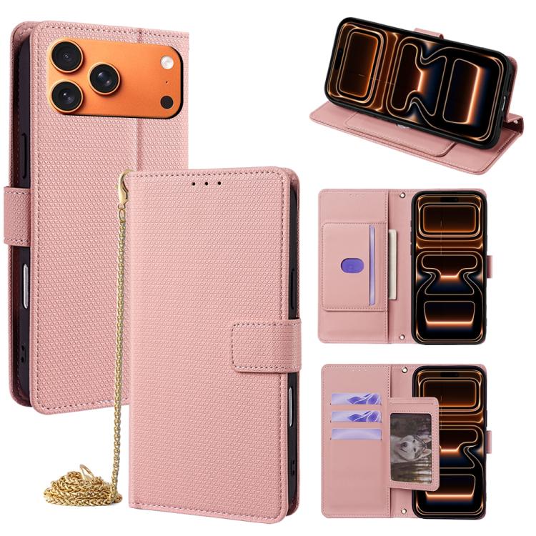 For iPhone 17 Pro Crossbody Chain Triangle Leather Phone Case(Pink)