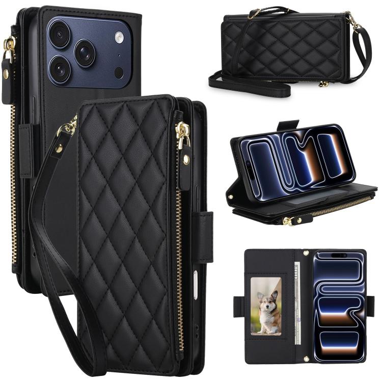 For iPhone 17 Pro Crossbody Diamond 9 Card Slots Zipper Bag Vegan Leather Phone Case(Black)