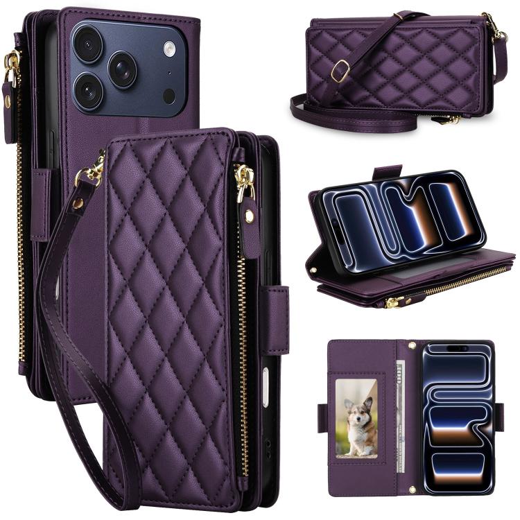 For iPhone 17 Pro Crossbody Diamond 9 Card Slots Zipper Bag Vegan Leather Phone Case(Dark Purple)