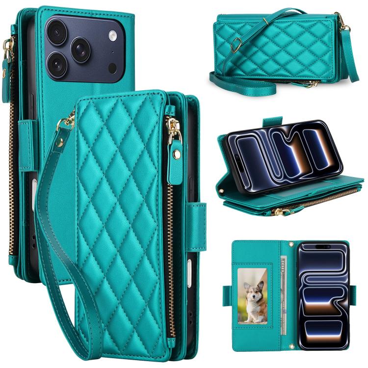 For iPhone 17 Pro Crossbody Diamond 9 Card Slots Zipper Bag Vegan Leather Phone Case(Green)