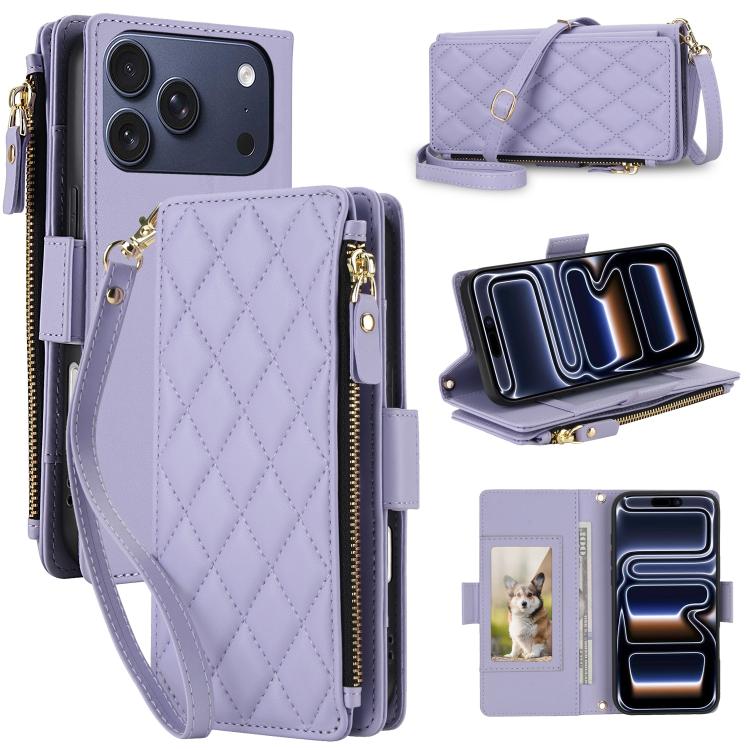 For iPhone 17 Pro Crossbody Diamond 9 Card Slots Zipper Bag Vegan Leather Phone Case(Light Purple)
