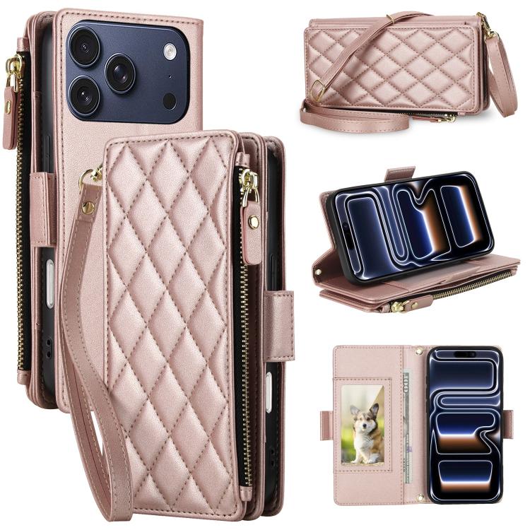For iPhone 17 Pro Crossbody Diamond 9 Card Slots Zipper Bag Vegan Leather Phone Case(Rose Gold)