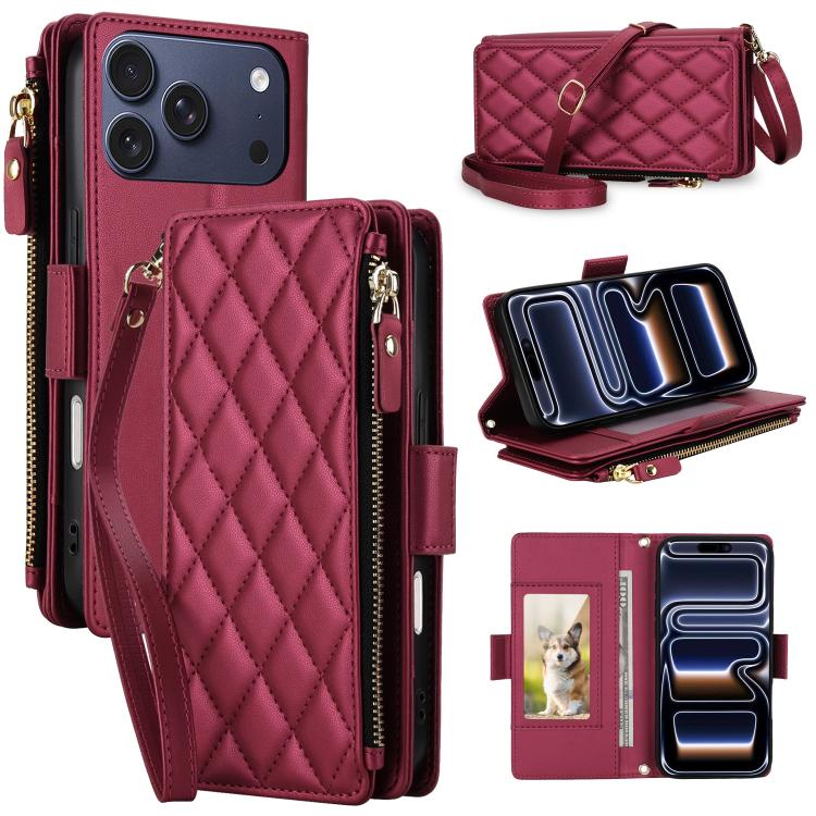 For iPhone 17 Pro Crossbody Diamond 9 Card Slots Zipper Bag Vegan Leather Phone Case(Wine Red)