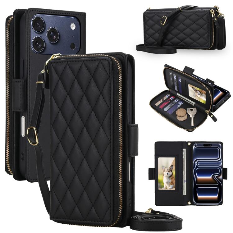 For iPhone 17 Pro Crossbody Diamond Lattice Zipper Wallet RFID Vegan Leather Phone Case(Black)