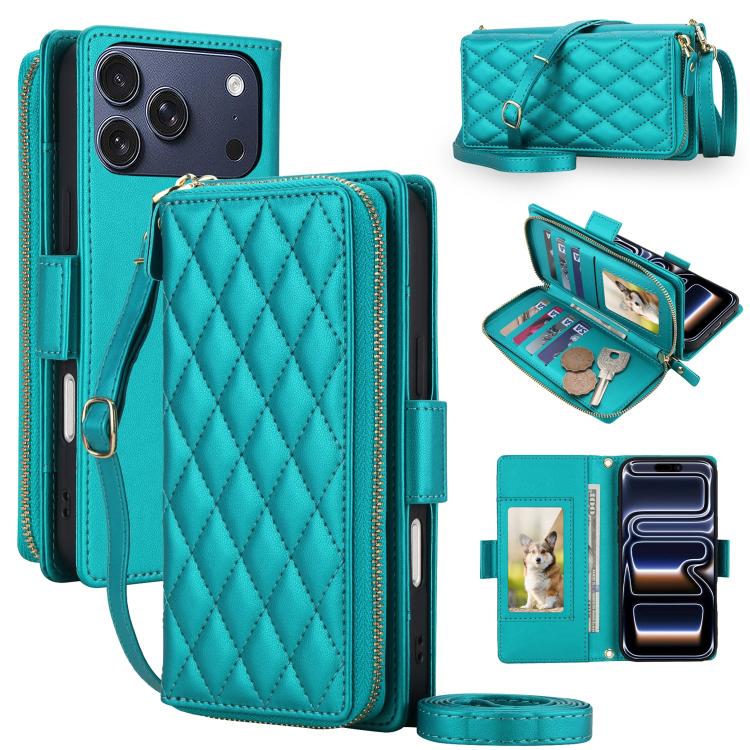 For iPhone 17 Pro Crossbody Diamond Lattice Zipper Wallet RFID Vegan Leather Phone Case(Green)