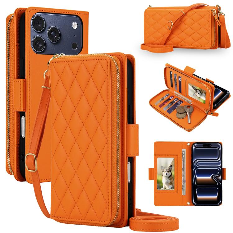 For iPhone 17 Pro Crossbody Diamond Lattice Zipper Wallet RFID Vegan Leather Phone Case(Orange)