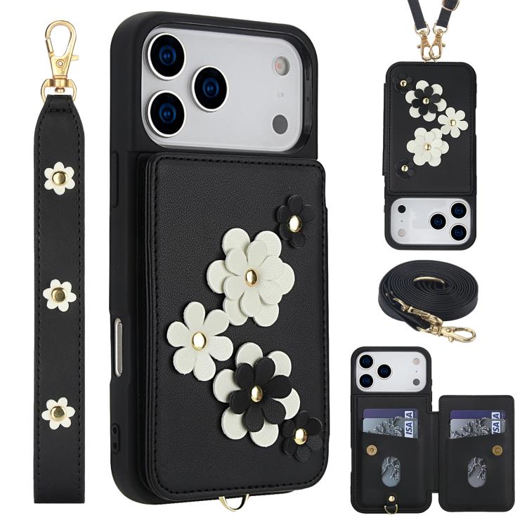 For iPhone 17 Pro Crossbody Flower Pattern Leather Phone Case(Black)