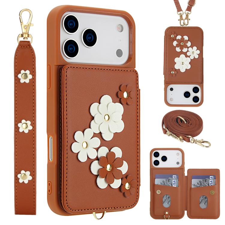 For iPhone 17 Pro Crossbody Flower Pattern Leather Phone Case(Brown)