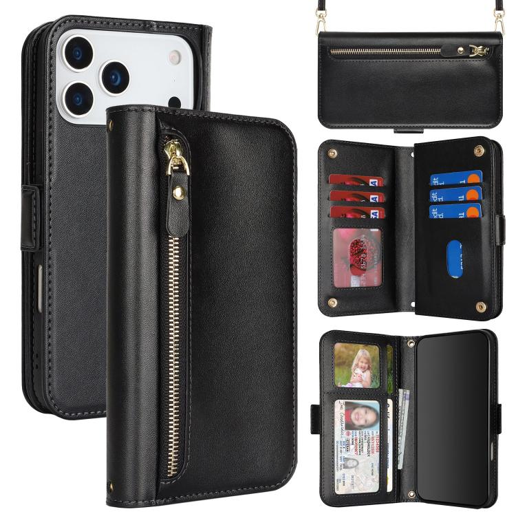 For iPhone 17 Pro Crossbody Front Zipper Multi-Card Wallet Bag Vegan Leather Phone Case(Black)