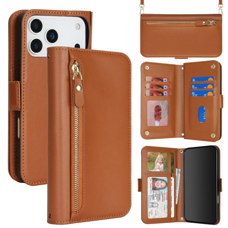 For iPhone 17 Pro Crossbody Front Zipper Multi-Card Wallet Bag Vegan Leather Phone Case(Brown)