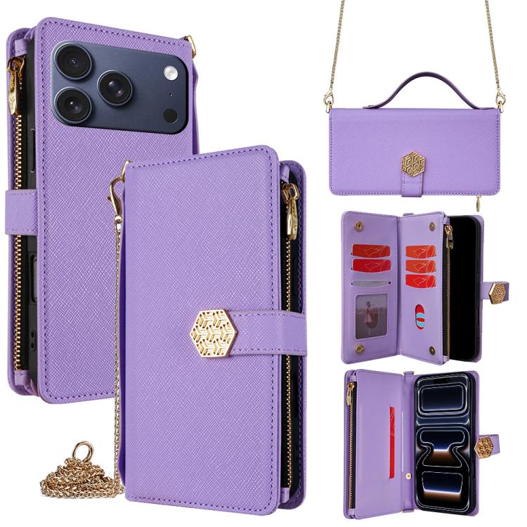 For iPhone 17 Pro Crossbody Handle Cross Texture Leather Phone Case(Purple)