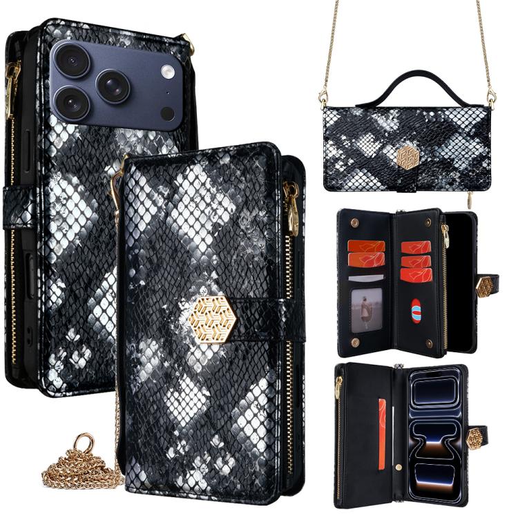For iPhone 17 Pro Crossbody Handle Snake Texture Leather Phone Case(Black)
