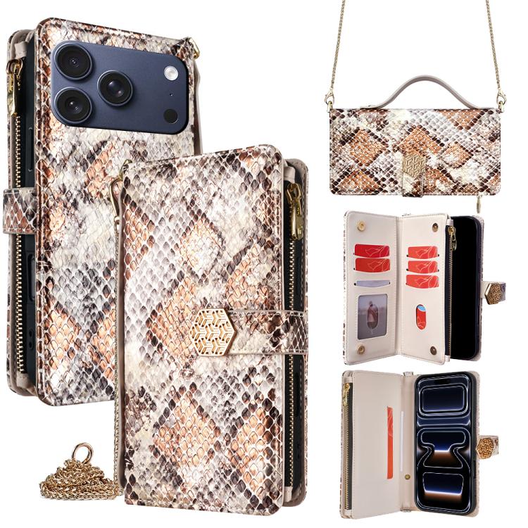 For iPhone 17 Pro Crossbody Handle Snake Texture Leather Phone Case(White)