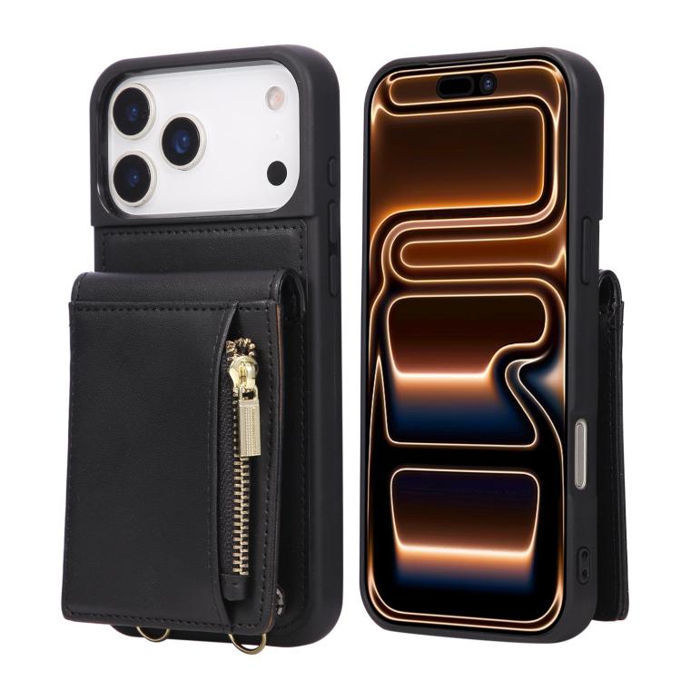 For iPhone 17 Pro Crossbody Lanyard Zipper Wallet Leather Phone Case(Black)