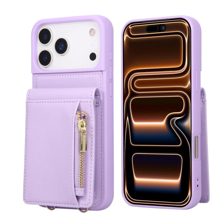 For iPhone 17 Pro Crossbody Lanyard Zipper Wallet Leather Phone Case(Purple)
