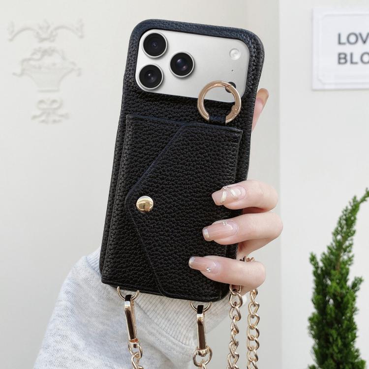 For iPhone 17 Pro Crossbody Mirror Wallet Litchi Vegan Leather Back Phone Case(Black)
