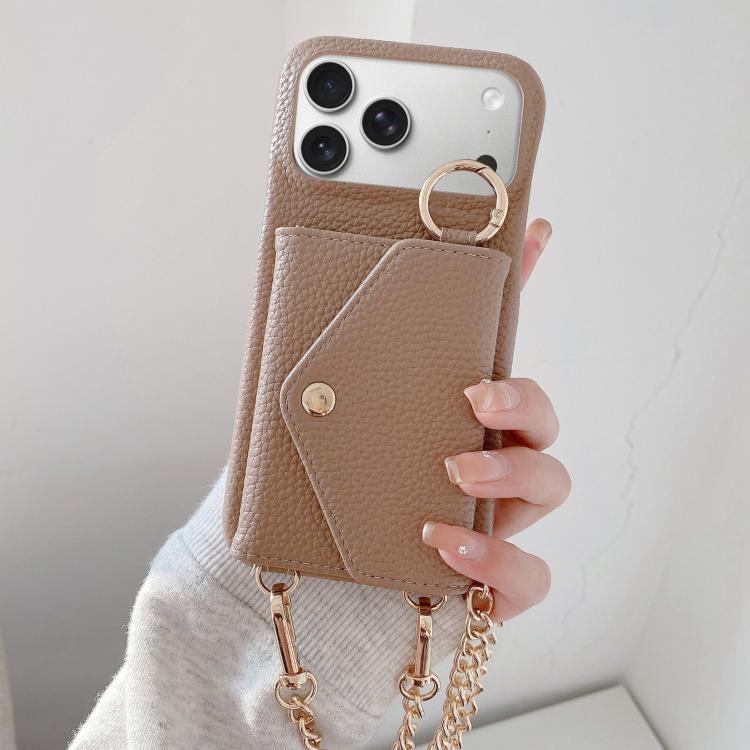 For iPhone 17 Pro Crossbody Mirror Wallet Litchi Vegan Leather Back Phone Case(Light Brown)