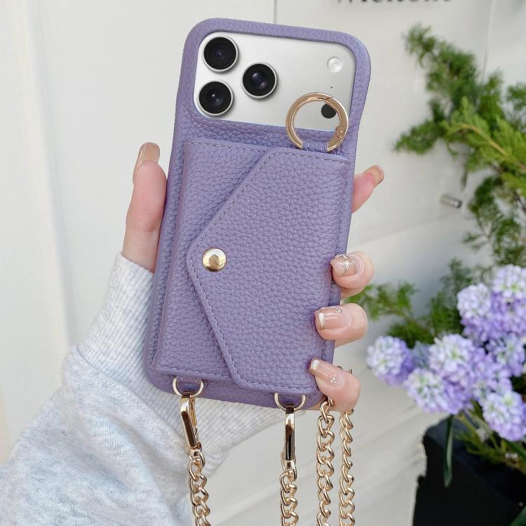 For iPhone 17 Pro Crossbody Mirror Wallet Litchi Vegan Leather Back Phone Case(Purple)