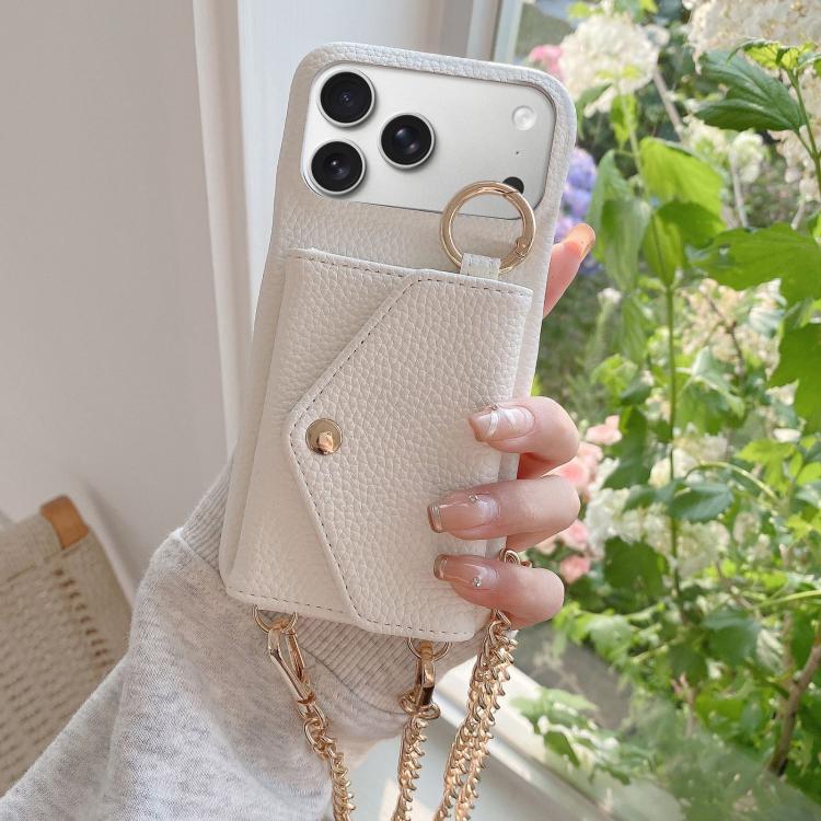 For iPhone 17 Pro Crossbody Mirror Wallet Litchi Vegan Leather Back Phone Case(White)