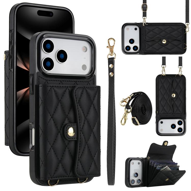 For iPhone 17 Pro Crossbody Rhombic Horizontal Wallet Leather Phone Case(Black)