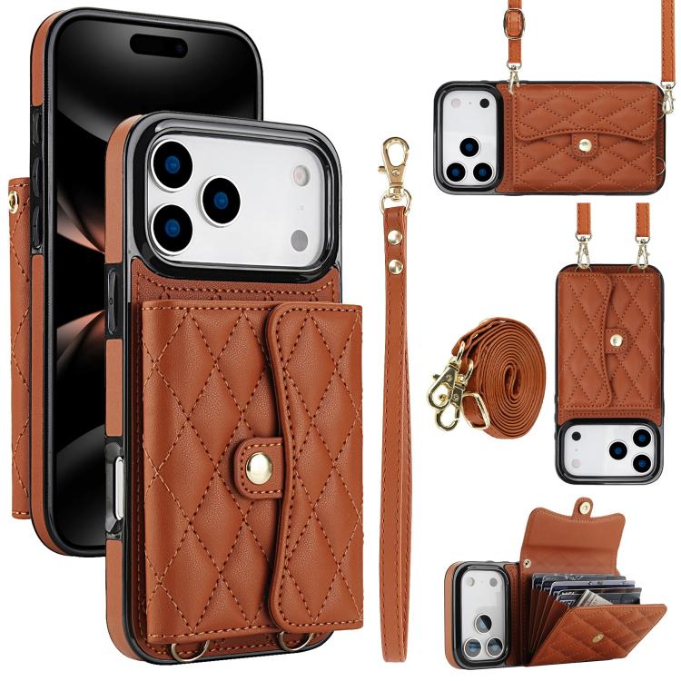For iPhone 17 Pro Crossbody Rhombic Horizontal Wallet Leather Phone Case(Brown)