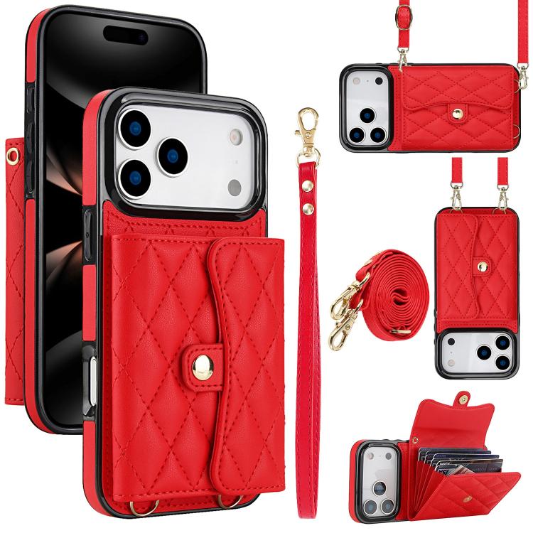 For iPhone 17 Pro Crossbody Rhombic Horizontal Wallet Leather Phone Case(Red)
