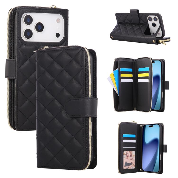 For iPhone 17 Pro Crossbody Rhombic Zipper Tower Buckle Leather Phone Case with Lanyard(Black)