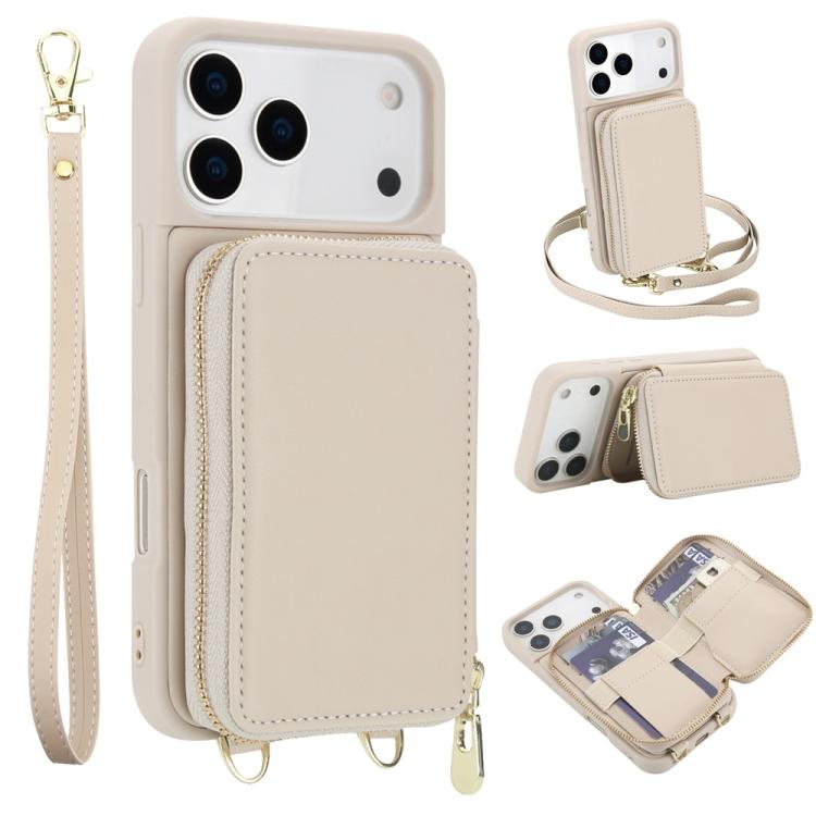 For iPhone 17 Pro Crossbody Zipper RFID Card Bag Phone Case(Apricot)