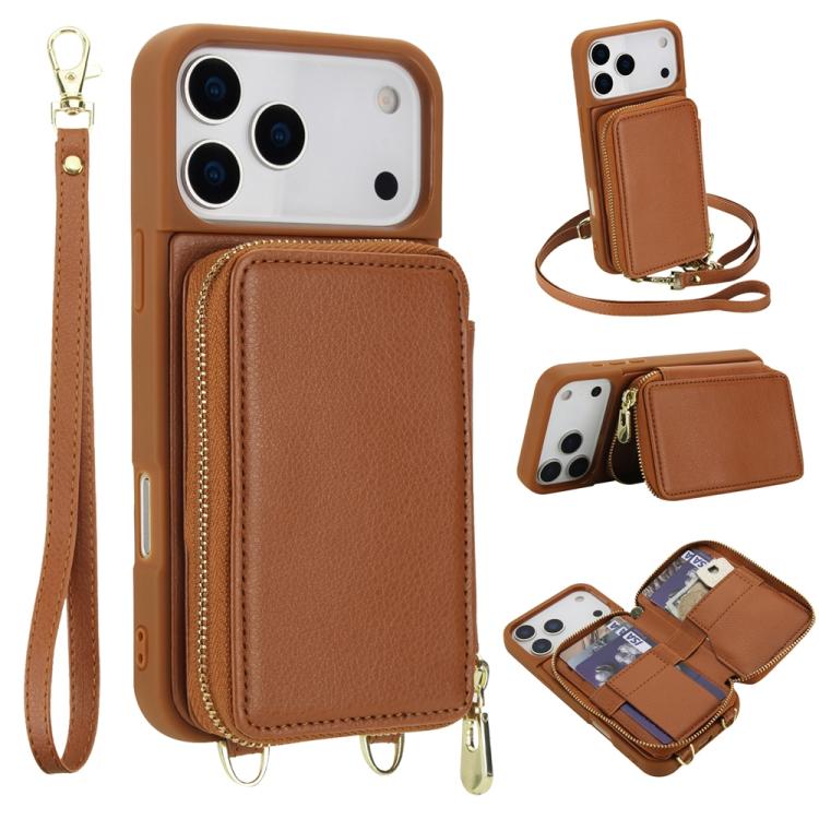 For iPhone 17 Pro Crossbody Zipper RFID Card Bag Phone Case(Brown)