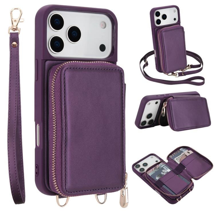 For iPhone 17 Pro Crossbody Zipper RFID Card Bag Phone Case(Dark Purple)