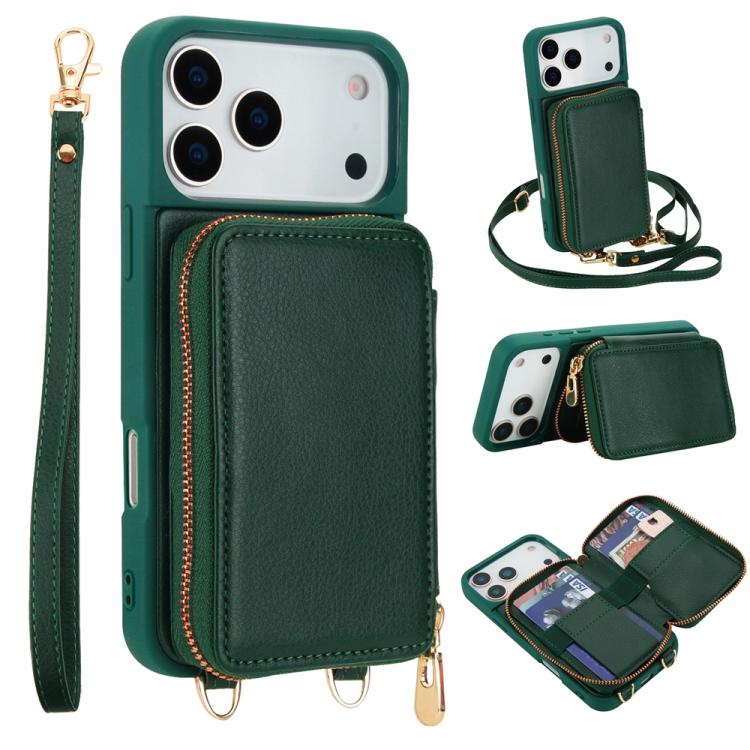 For iPhone 17 Pro Crossbody Zipper RFID Card Bag Phone Case(Green)
