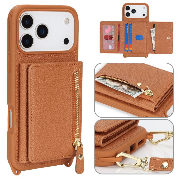 For iPhone 17 Pro Crossbody Zipper Wallet Ring Holder Litchi Leather Phone Case(Brown)