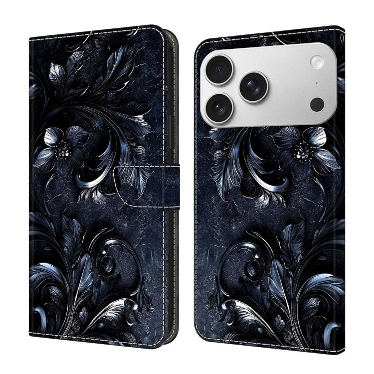 For iPhone 17 Pro Crystal-Like Painted Vegan Leather Phone Case(Black Flower)
