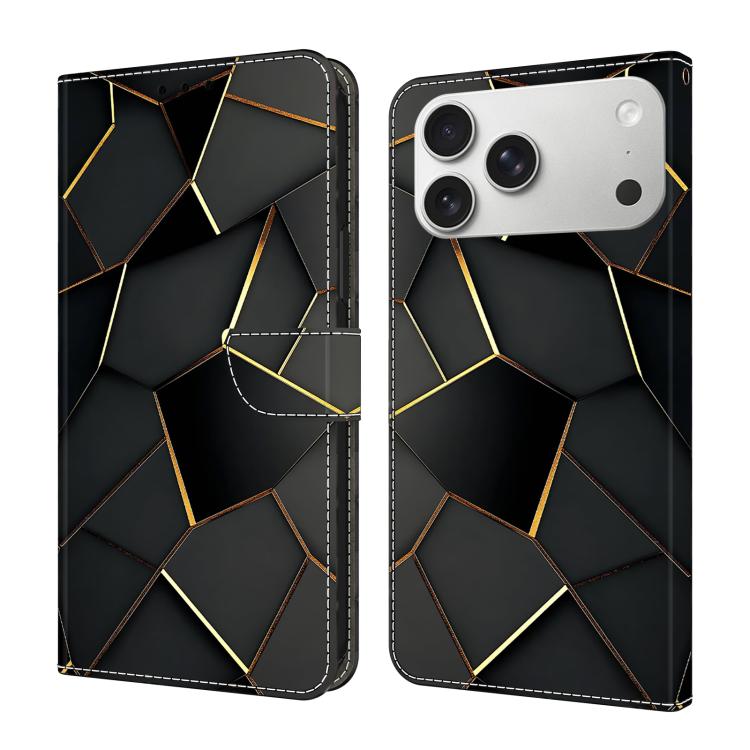 For iPhone 17 Pro Crystal-Like Painted Vegan Leather Phone Case(Black Gold Geometric)