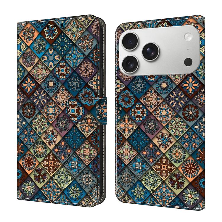 For iPhone 17 Pro Crystal-Like Painted Vegan Leather Phone Case(Blue Flower)