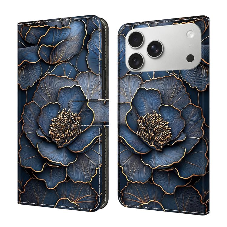 For iPhone 17 Pro Crystal-Like Painted Vegan Leather Phone Case(Blue Gold Peony)