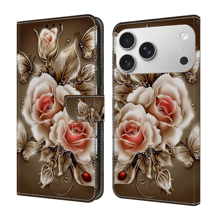 For iPhone 17 Pro Crystal-Like Painted Vegan Leather Phone Case(Brown Rose)