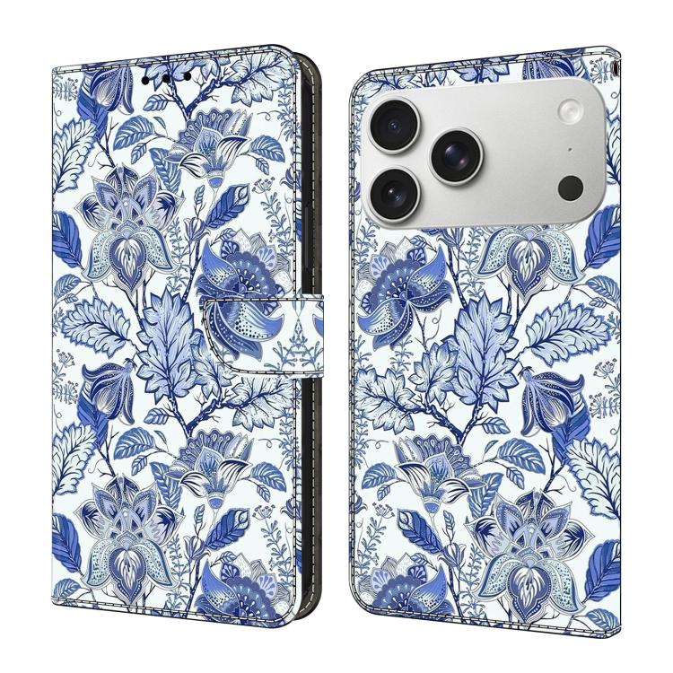 For iPhone 17 Pro Crystal-Like Painted Vegan Leather Phone Case(Cluster of Blue Flowers)