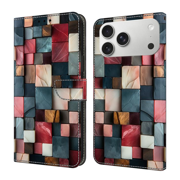 For iPhone 17 Pro Crystal-Like Painted Vegan Leather Phone Case(Colorful Bricks)