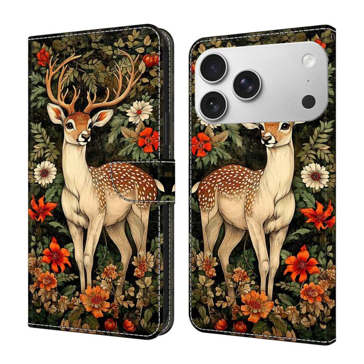 For iPhone 17 Pro Crystal-Like Painted Vegan Leather Phone Case(Deer Flower Bushes)
