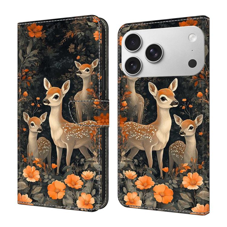 For iPhone 17 Pro Crystal-Like Painted Vegan Leather Phone Case(Deer Herd)