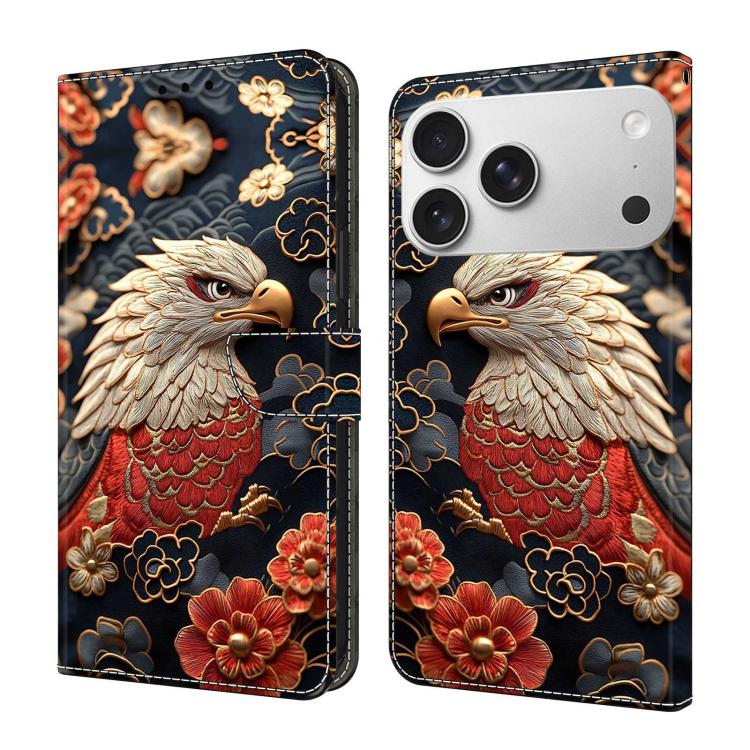 For iPhone 17 Pro Crystal-Like Painted Vegan Leather Phone Case(Eagle and Flowers)
