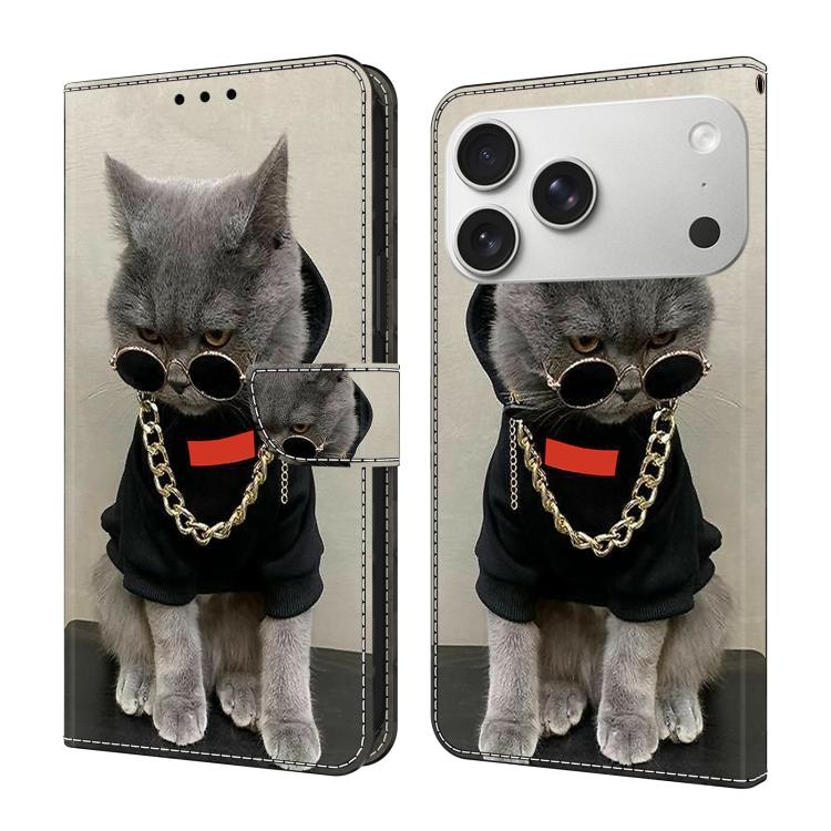 For iPhone 17 Pro Crystal-Like Painted Vegan Leather Phone Case(Glasses-Wearing Cat)