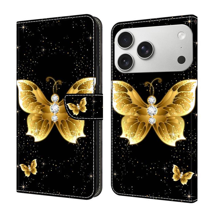 For iPhone 17 Pro Crystal-Like Painted Vegan Leather Phone Case(Gold Butterfly)